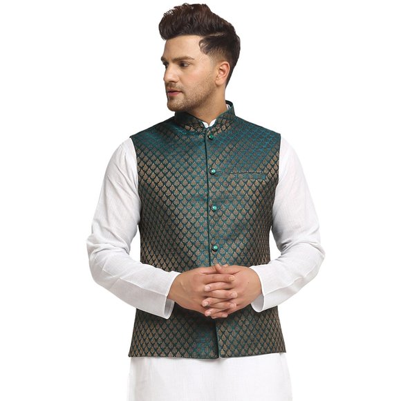 Sleeveless Traditional Brocade Silk Fabric Dark Green Nehru Jacket by Treemoda - Picture 1 of 5